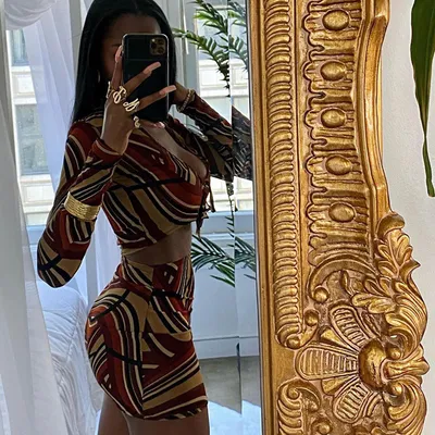 Printed T-shirt high waist bag hip skirt casual suit women