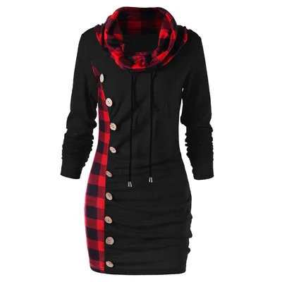 Checked panel turtleneck button dress