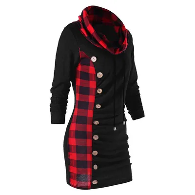 Checked panel turtleneck button dress