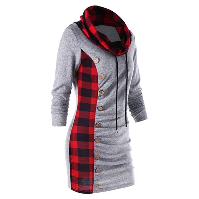 Checked panel turtleneck button dress