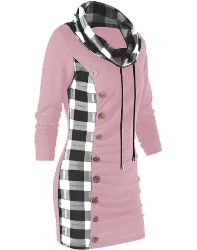 Checked panel turtleneck button dress