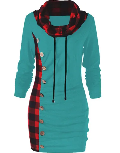 Checked panel turtleneck button dress