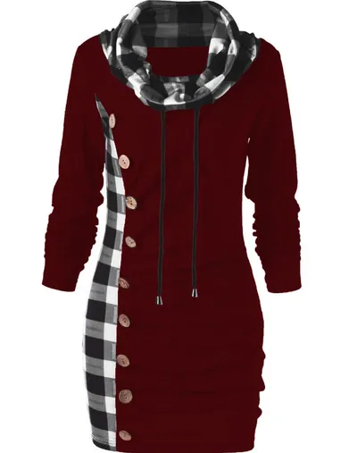 Checked panel turtleneck button dress