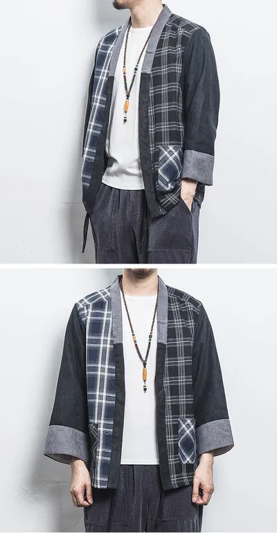Chinese style kimono stitching plaid cardigan