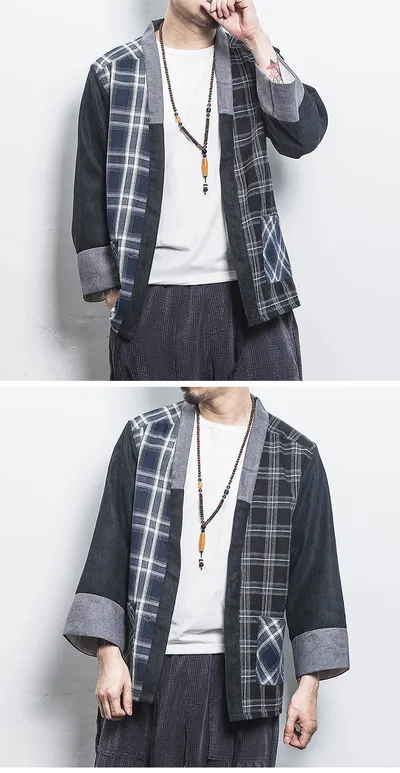 Chinese style kimono stitching plaid cardigan