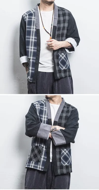 Chinese style kimono stitching plaid cardigan