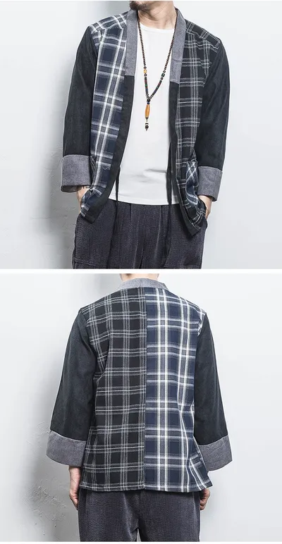Chinese style kimono stitching plaid cardigan
