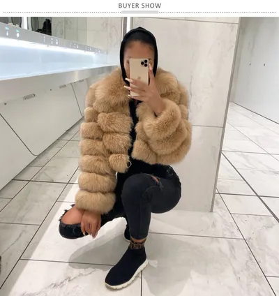 Women's Fur Coat Fox Fur Stitching Short Lapel Long Sleeve Coat