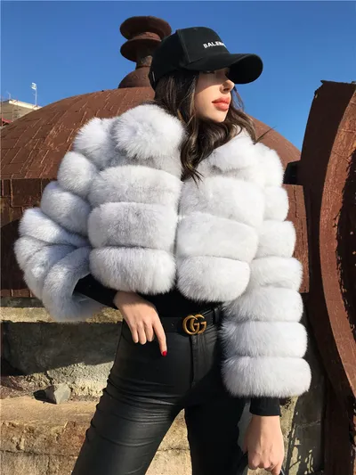 Women's Fur Coat Fox Fur Stitching Short Lapel Long Sleeve Coat