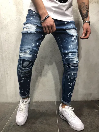 Men hip hop high-end quality tight slim ripped leg pants men