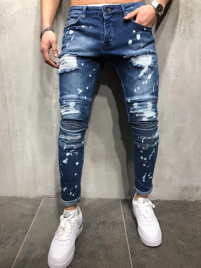 Men hip hop high-end quality tight slim ripped leg pants men
