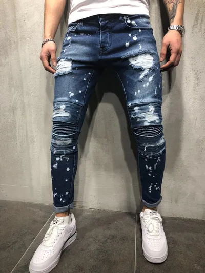 Men hip hop high-end quality tight slim ripped leg pants men