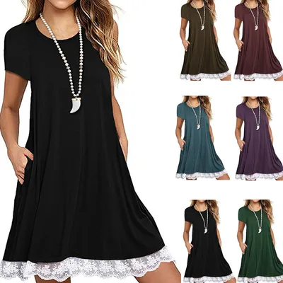 Lace panel round neck short sleeve plus size dress