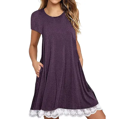 Lace panel round neck short sleeve plus size dress