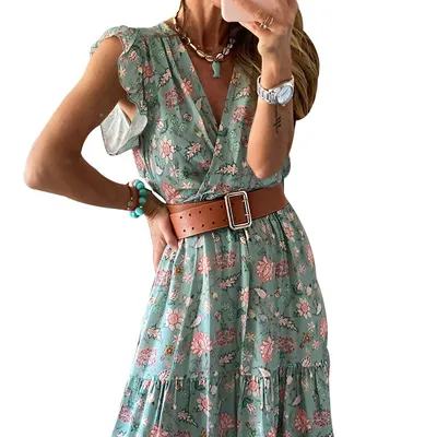 Floral skirt V-neck dress women