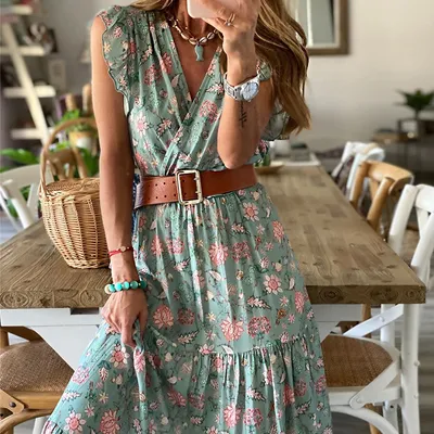 Floral skirt V-neck dress women