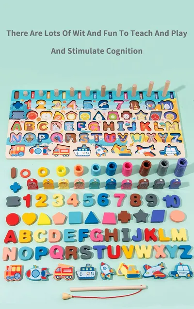 Baby Wooden Montessori Educational Toys Kids Early Learning Shape Color Math Matching Log Board Fishing Puzzle Count Number