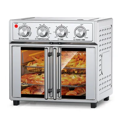 29.5 QT Air Fryer Convection Toaster Oven, French Door, 6 Slices, 1700W, Multifunction Oven, Air Fryer, Toast, Grill, Defrost, Bake, Time And Temperature Controls, Silver, Amazon Resale Prohibited