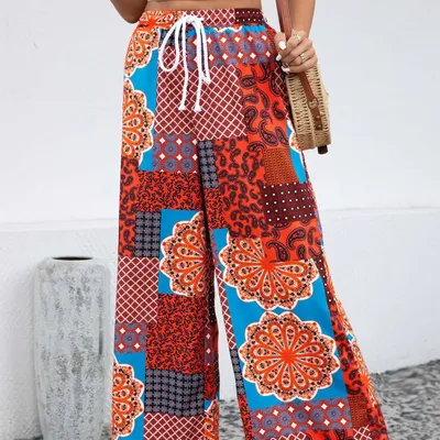 Women's Fashionable Elastic Waist Printed Lace-up Trousers