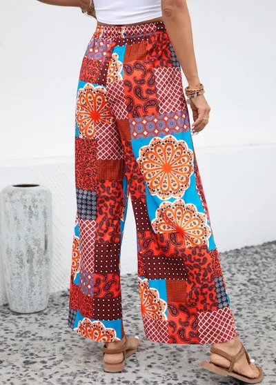 Women's Fashionable Elastic Waist Printed Lace-up Trousers