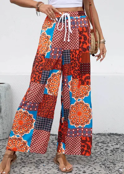 Women's Fashionable Elastic Waist Printed Lace-up Trousers