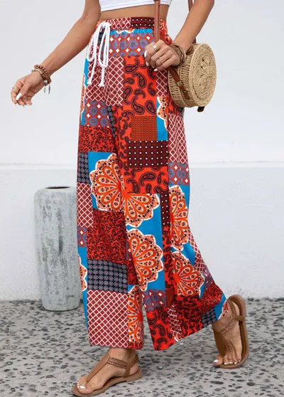 Women's Fashionable Elastic Waist Printed Lace-up Trousers