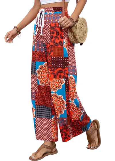 Women's Fashionable Elastic Waist Printed Lace-up Trousers