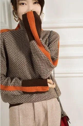 Loose Contrast Color Sleeve Full Imitation Wool Turtleneck Female Autumn And Winter