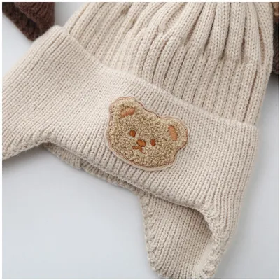 Baby Hat Warm Earflaps Cap Cute Bear Baby Knitted Woolen Cap