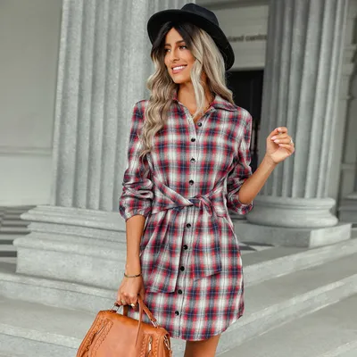 Women's Clothing Foreign Trade Fashion Plaid Drawstring Waist-tight Dress