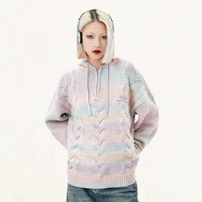 Retro Half Zipper Hooded Sweater Women
