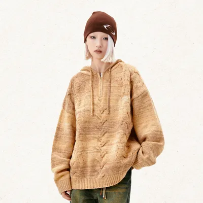 Retro Half Zipper Hooded Sweater Women
