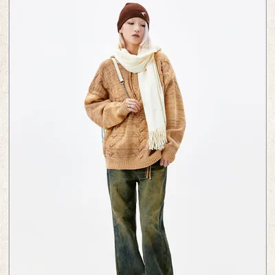 Retro Half Zipper Hooded Sweater Women