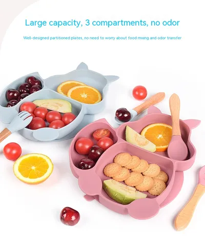 Silicone Squirrel Tableware Baby Silicone Food Supplement Set Baby Spork Integrated Silicone Plate Suit