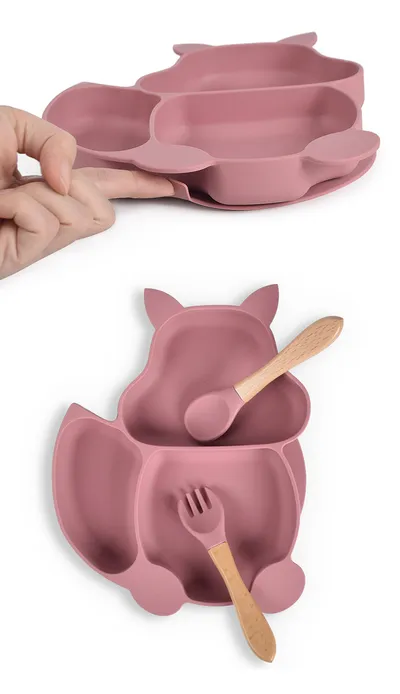 Silicone Squirrel Tableware Baby Silicone Food Supplement Set Baby Spork Integrated Silicone Plate Suit