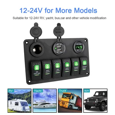 لوحة مفاتيح كهربائية للسيارات والقوارب، بستة مفاتيح تشغيل/إيقاف، مزودة بمؤشرات LED، وفولتميتر رقمي، ومنفذي USB، تعمل بجهد 12/24 فولت تيار مستمر، مقاومة للماء