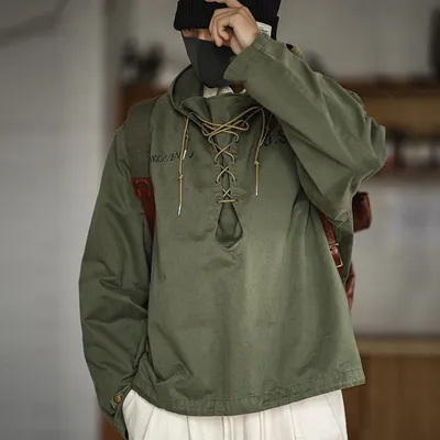 Madden male Hooded Pullover Long Sleeve Deck Parker Jacket Drawstring Neckline Workwear Jacket Green Cuffs Ribbon Closure Jacket
