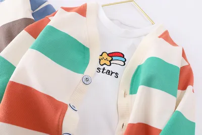 Boys And Girls Three-piece Baby Cotton Rainbow Striped Cardigan Jeans Kids
