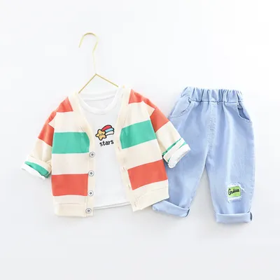 Boys And Girls Three-piece Baby Cotton Rainbow Striped Cardigan Jeans Kids