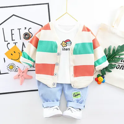 Boys And Girls Three-piece Baby Cotton Rainbow Striped Cardigan Jeans Kids