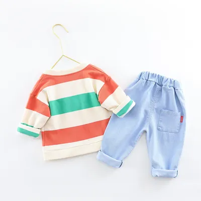 Boys And Girls Three-piece Baby Cotton Rainbow Striped Cardigan Jeans Kids