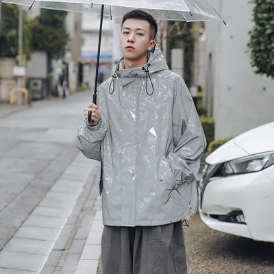 Korean Style Stand-up Collar Hooded Casual Reflective Jacket