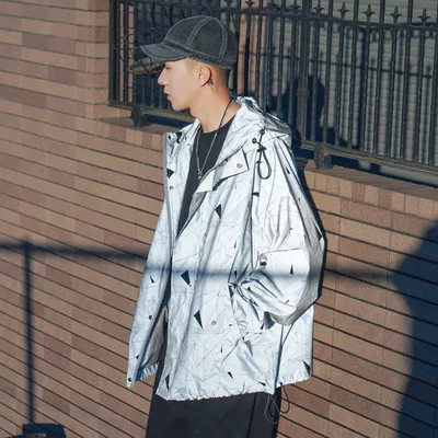 Korean Style Stand-up Collar Hooded Casual Reflective Jacket