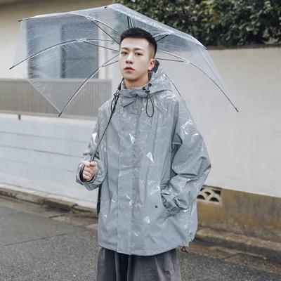 Korean Style Stand-up Collar Hooded Casual Reflective Jacket