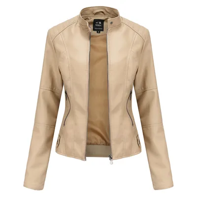 Women's Zip-up Leather Jackets Fashion Solid Color Pockets Stand Collar Top Outwear Clothing