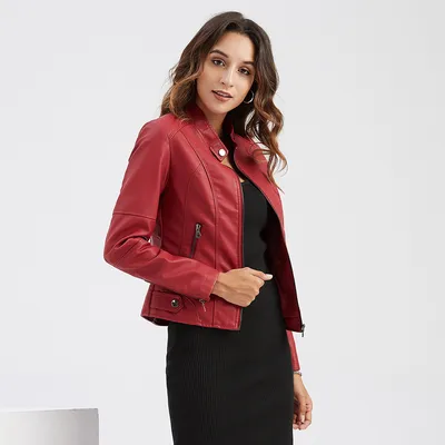 Women's Zip-up Leather Jackets Fashion Solid Color Pockets Stand Collar Top Outwear Clothing