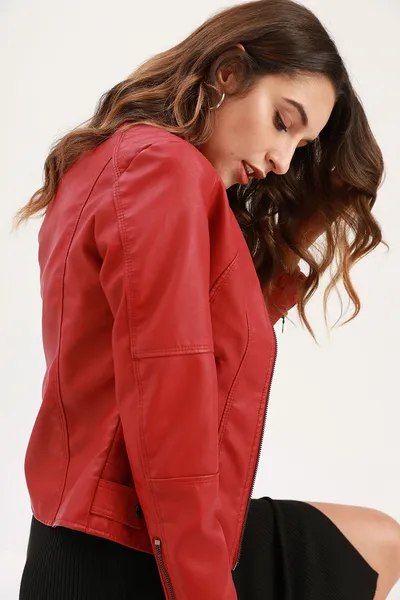 Women's Zip-up Leather Jackets Fashion Solid Color Pockets Stand Collar Top Outwear Clothing