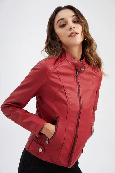 Women's Zip-up Leather Jackets Fashion Solid Color Pockets Stand Collar Top Outwear Clothing