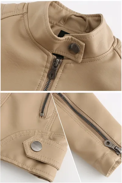 Women's Zip-up Leather Jackets Fashion Solid Color Pockets Stand Collar Top Outwear Clothing