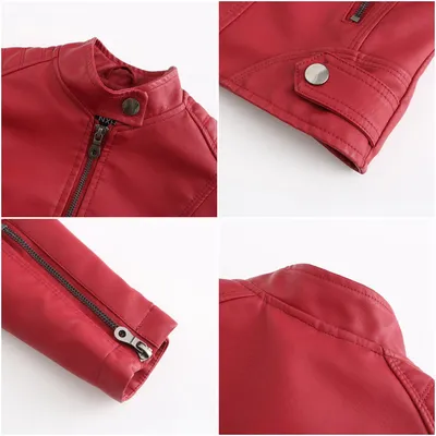Women's Zip-up Leather Jackets Fashion Solid Color Pockets Stand Collar Top Outwear Clothing